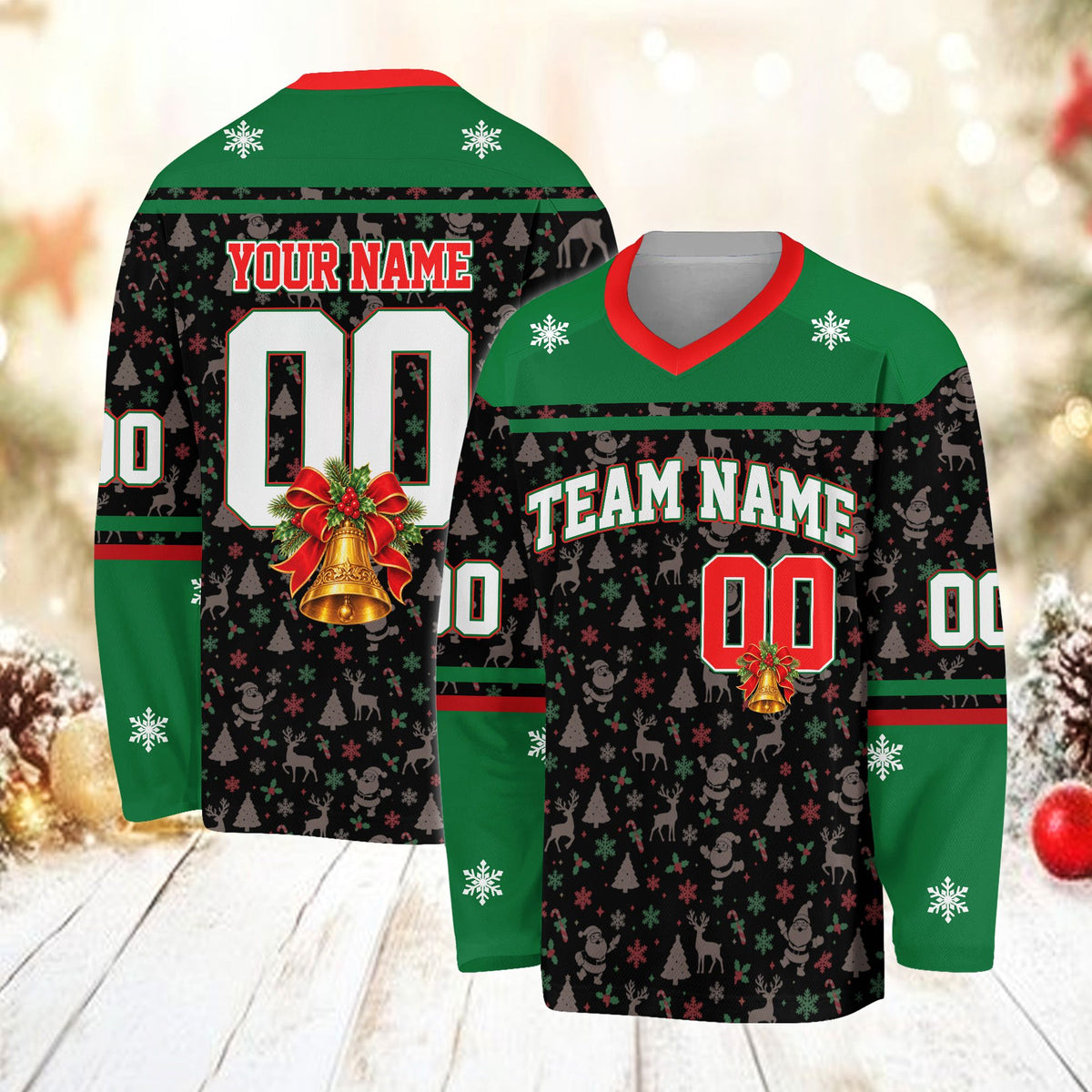 Close-up front view of the personalized green christmas hockey jersey
