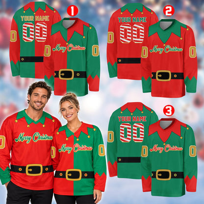 Personalized green christmas elf hockey jersey with custom name and number, front view
