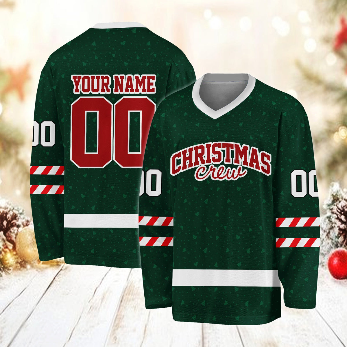 Alternate front view of the green christmas hockey jersey