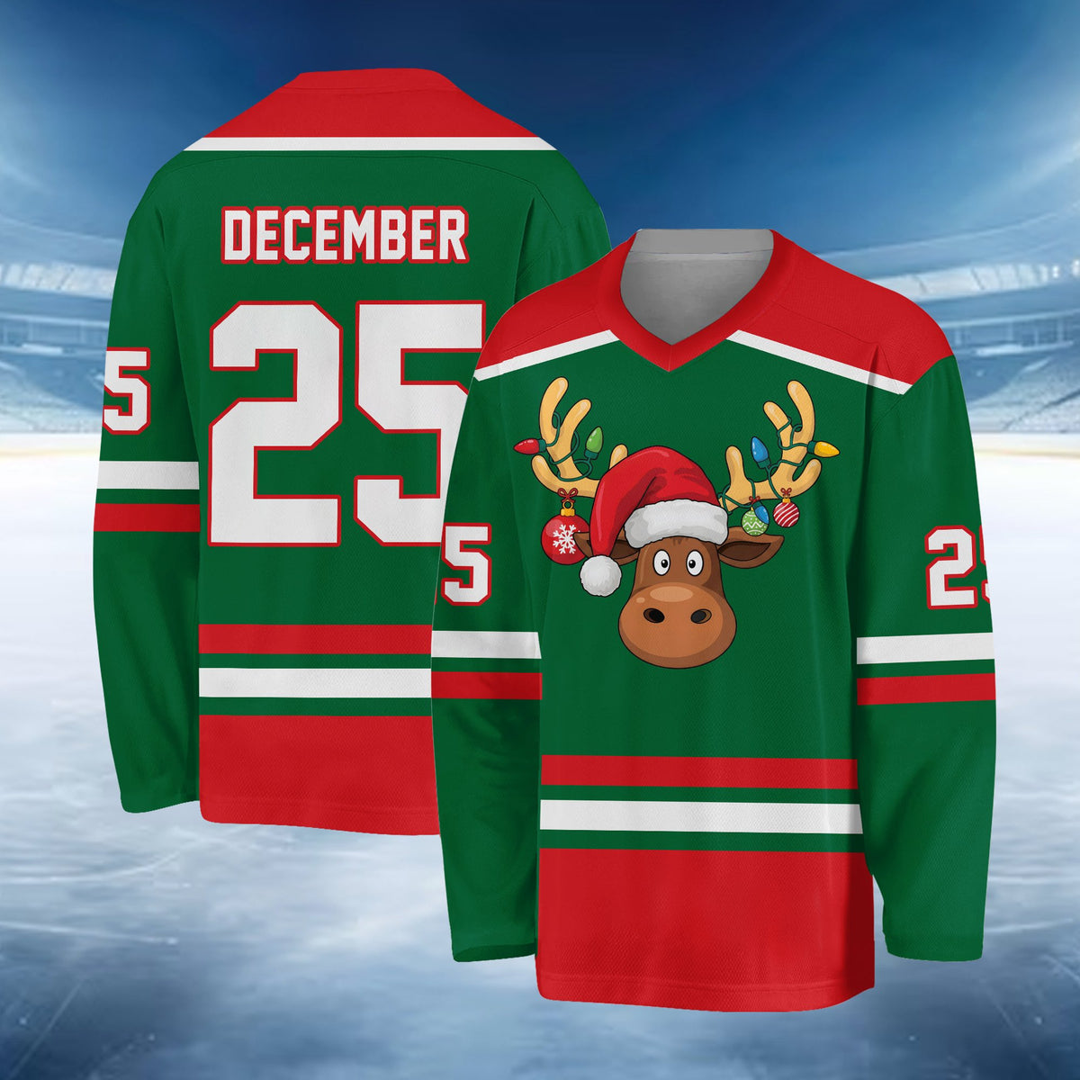 Green striped front view of the cheerful holiday hockey jersey