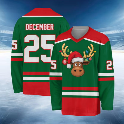 Green striped front view of the cheerful holiday hockey jersey