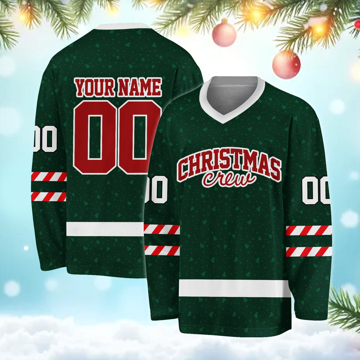 Another front view of the green christmas hockey jersey