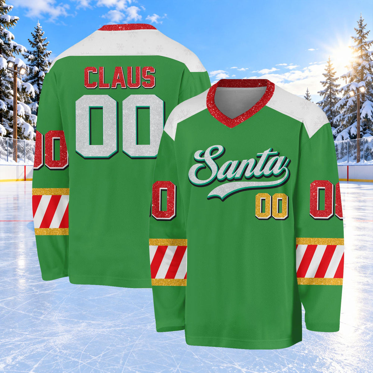 Front view of the green custom hockey jersey with Santa Christmas design