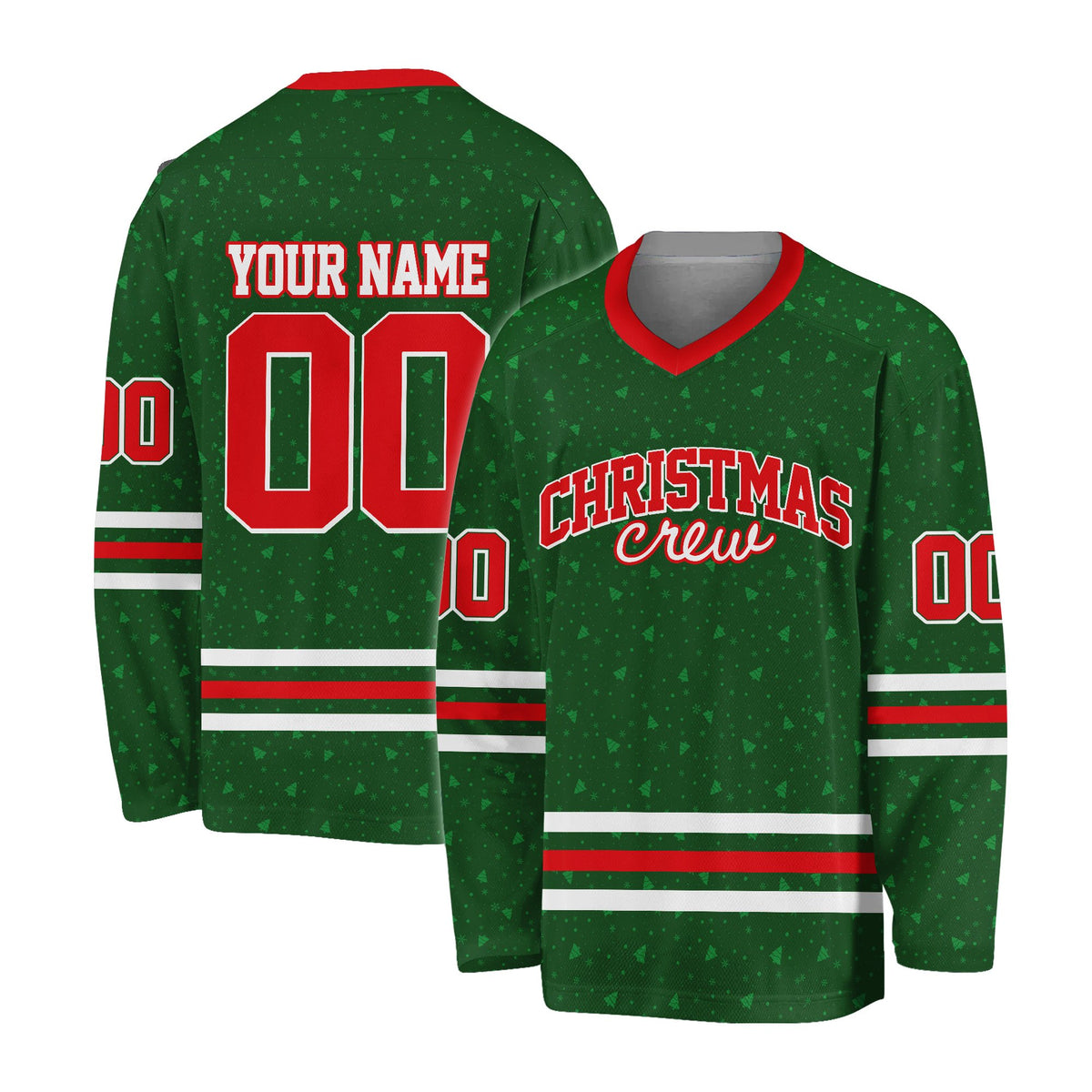 Flat front display of the green christmas hockey jersey