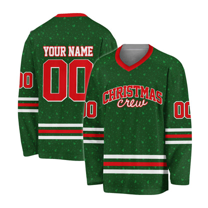 Flat front display of the green christmas hockey jersey