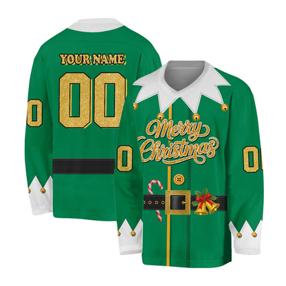 Personalized green elf Christmas hockey jersey with custom name and number, front view