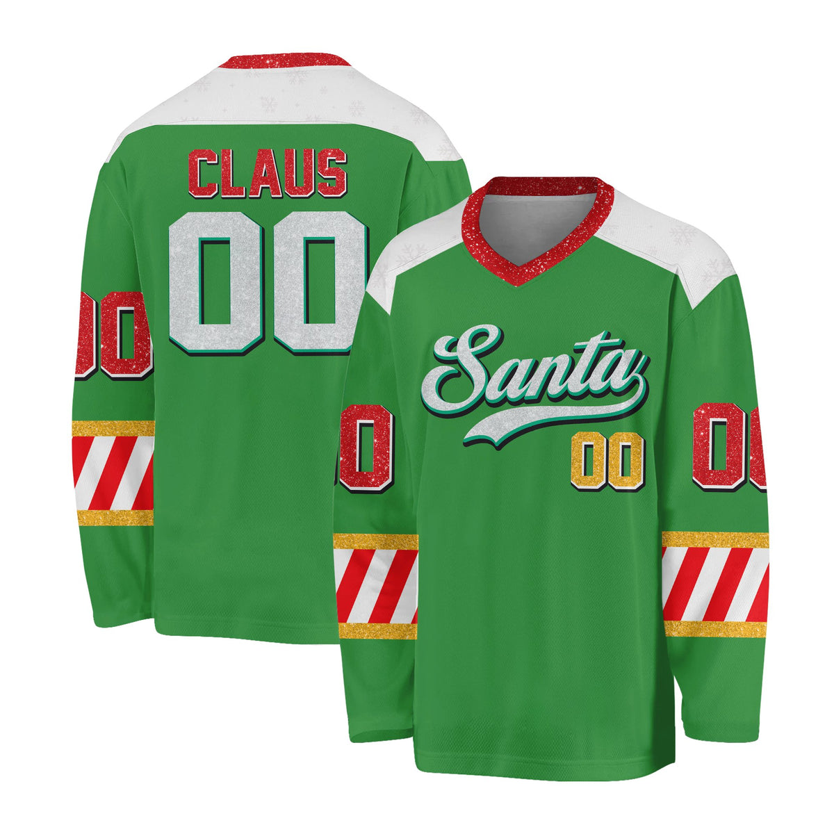 Main view of the green custom hockey jersey with Santa Christmas design, custom name and number