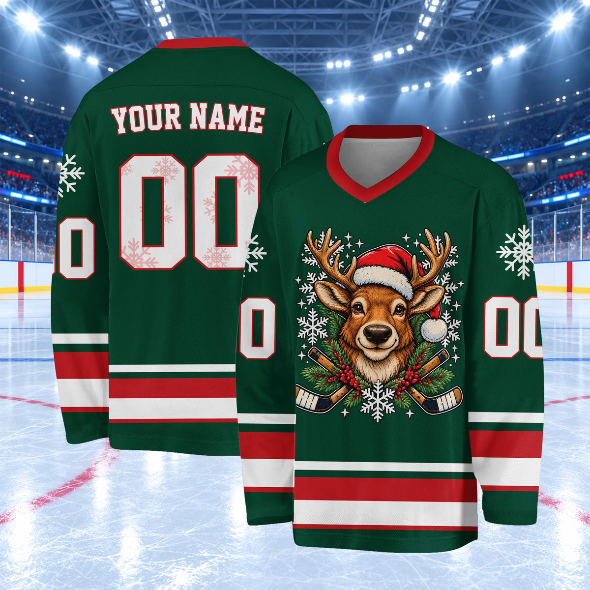 Green christmas hockey jersey featuring a reindeer in a Santa hat, front view
