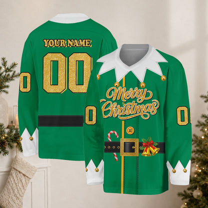 Person wearing the personalized green elf hockey christmas jersey