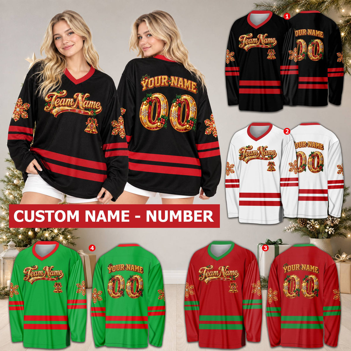 Lifestyle view of a person wearing the personalized black christmas hockey jersey