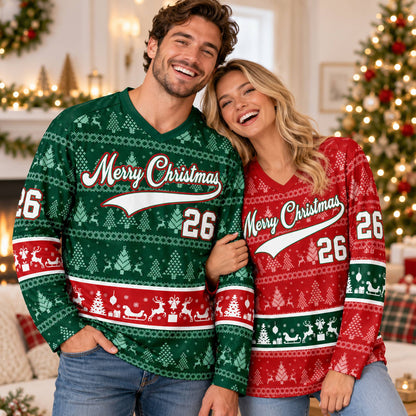 Lifestyle view of a person wearing the personalized Christmas hockey jersey