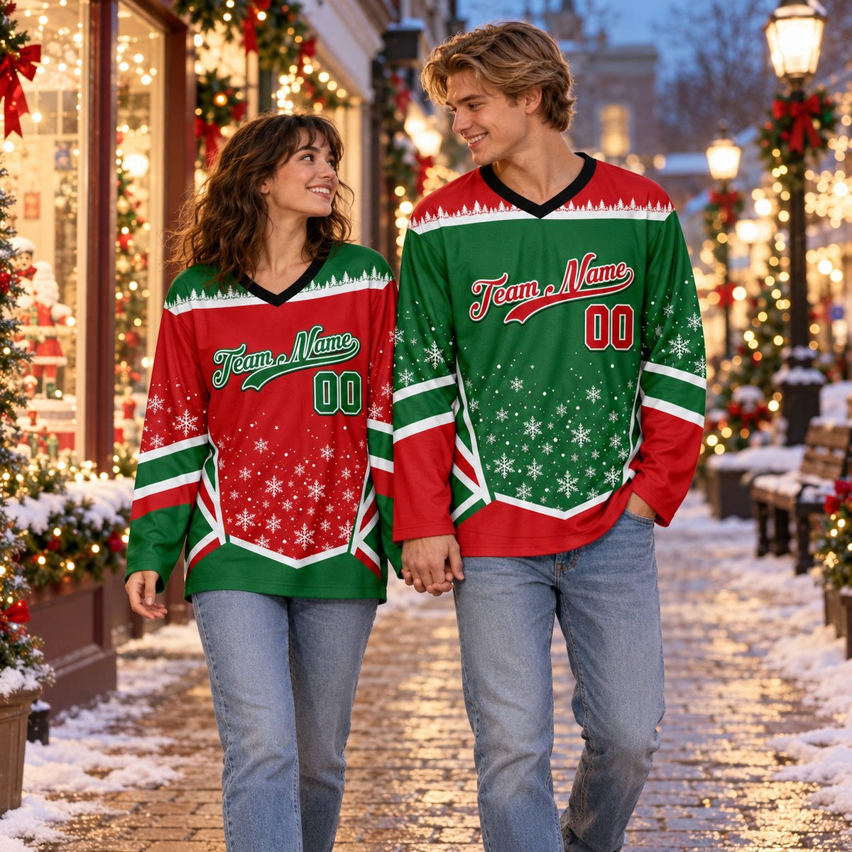 Lifestyle view showing the festive christmas hockey jersey being worn