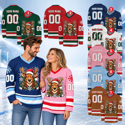 Lifestyle view of an adult wearing the personalized holiday hockey jersey