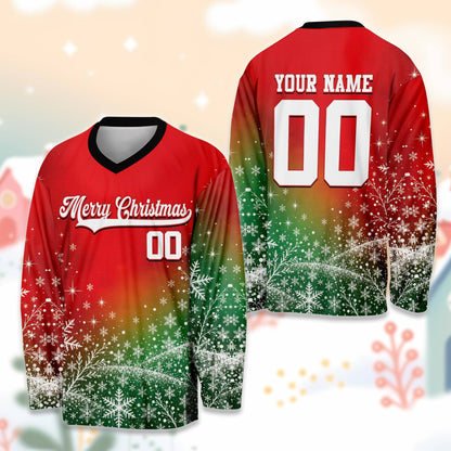 Personalized red and green Christmas hockey jersey with custom name and number, main view