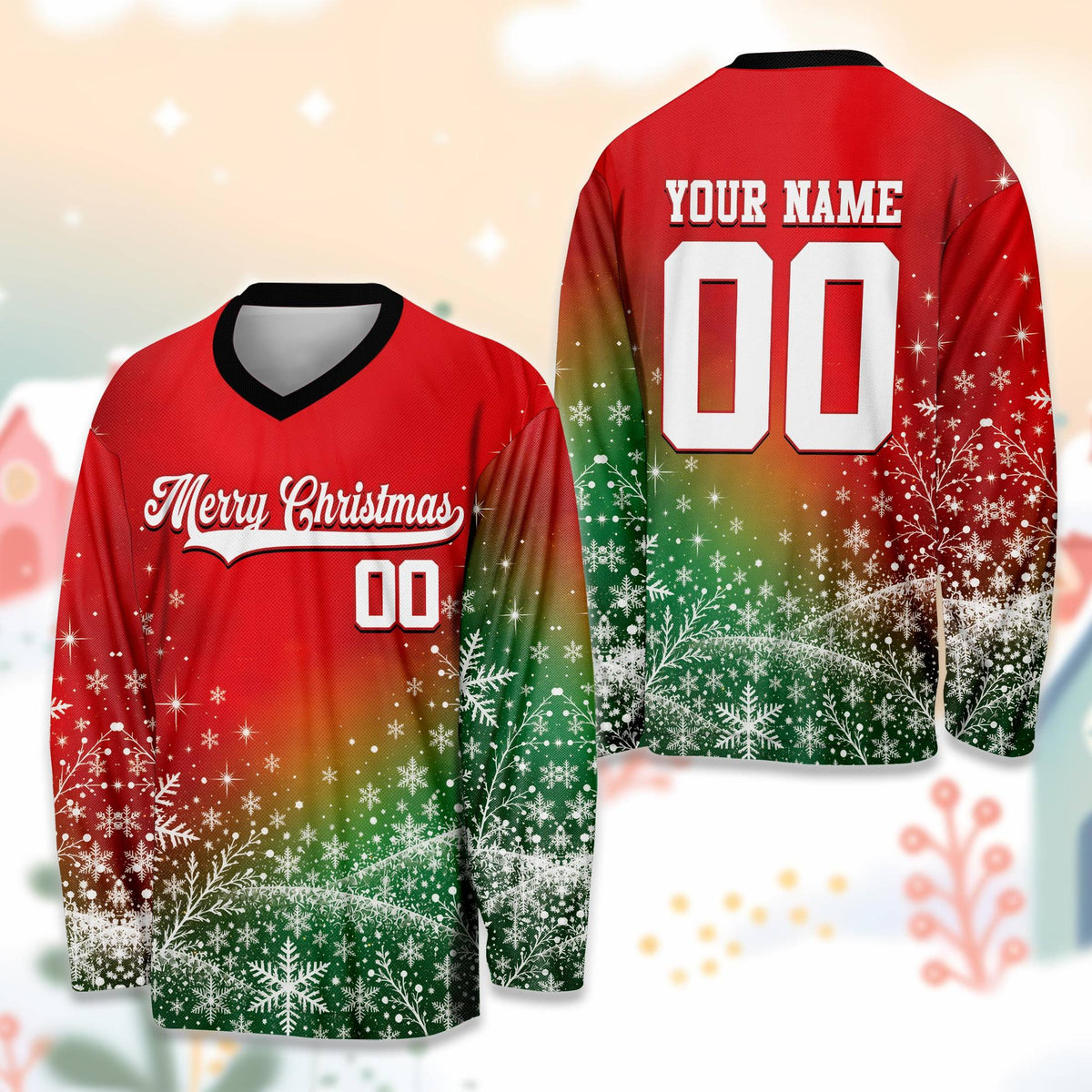 Front view of the personalized Christmas hockey jersey featuring snowflakes and Merry Christmas script