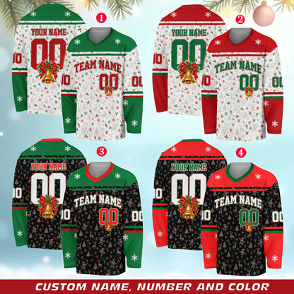 Alternate front view of the festive holiday hockey jersey in multicolor