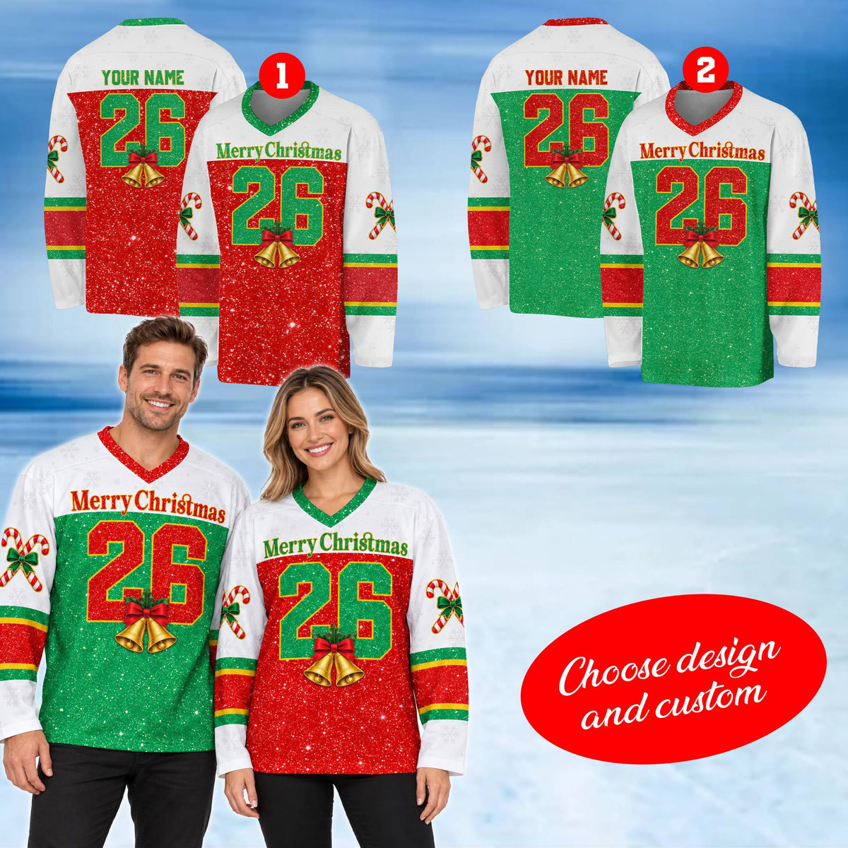 Front angle of the custom hockey jersey featuring golden bells