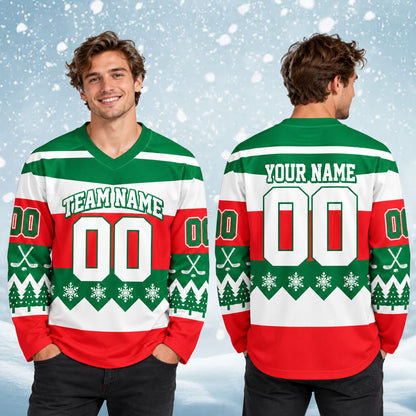 Red and green ugly sweater design on personalized hockey jersey
