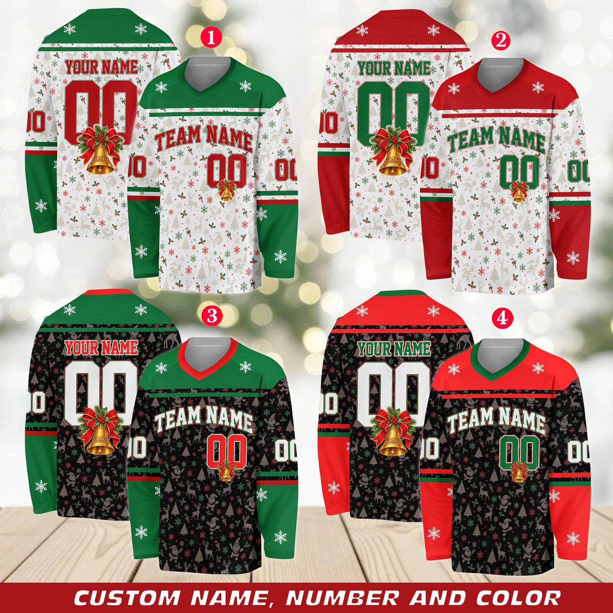 Detail of the custom hockey jersey featuring reindeer and snowflakes