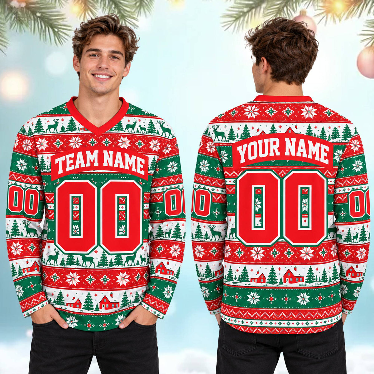Snowflake and reindeer pattern on christmas hockey jersey