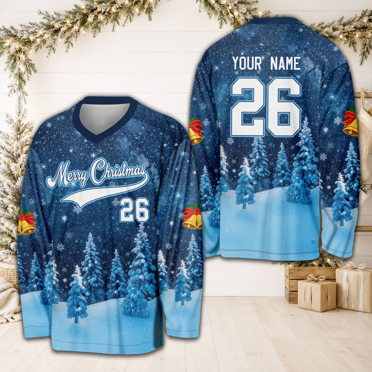USA personalized hockey jersey featuring a Christmas winter scene, custom name and number, front view