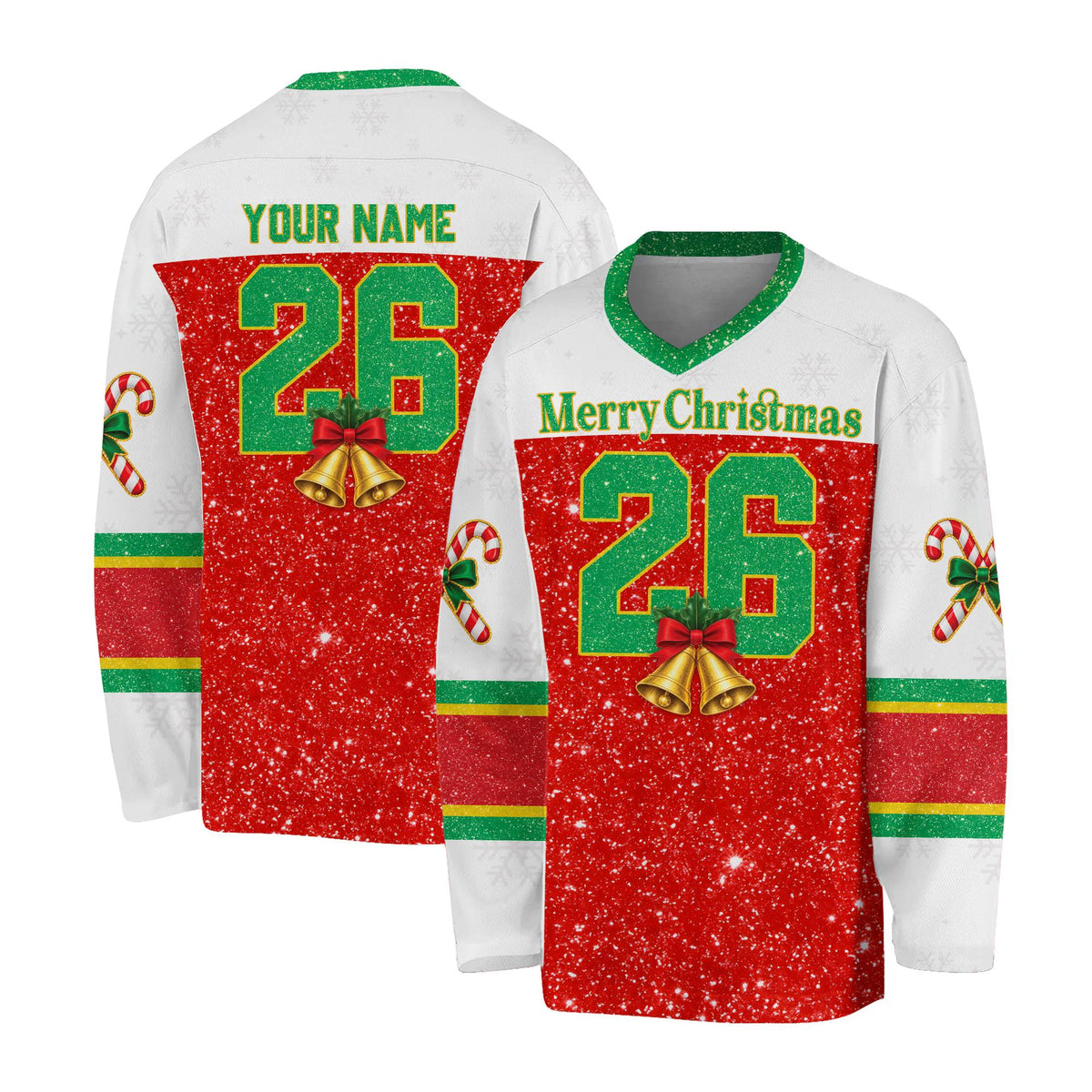 Front side view of the red christmas hockey jersey