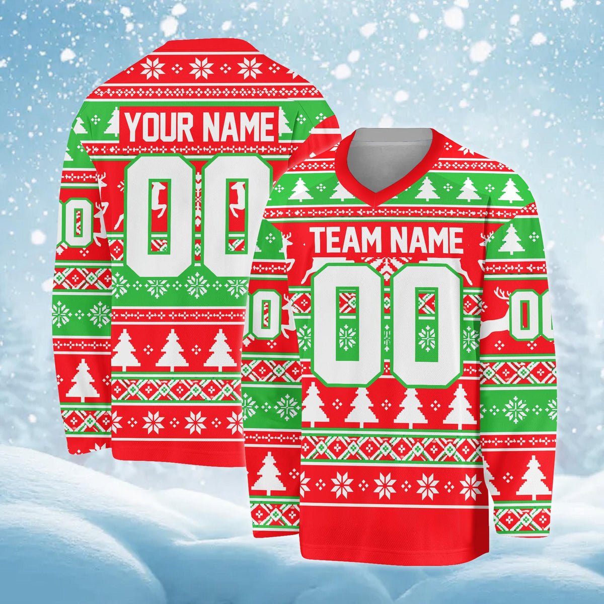 Customizable team name section on festive hockey jersey