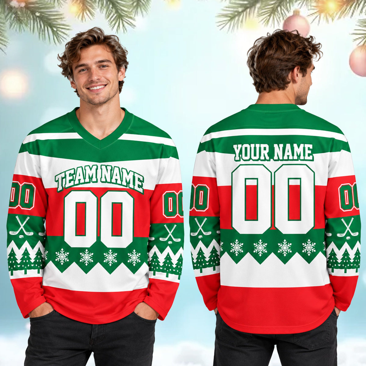 Polyester holiday hockey jersey front angle