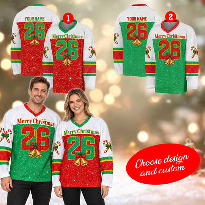 Front view highlighting the candy cane sleeve design on the hockey jersey
