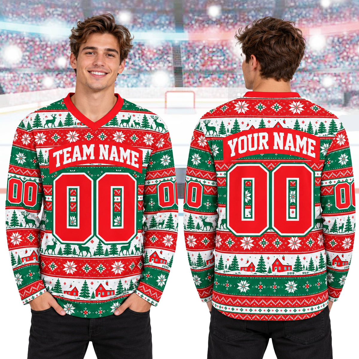 Close up of fair isle style print on custom hockey jersey