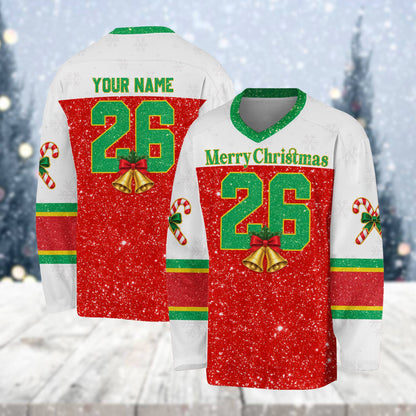 Full front view of the festive red christmas hockey jersey