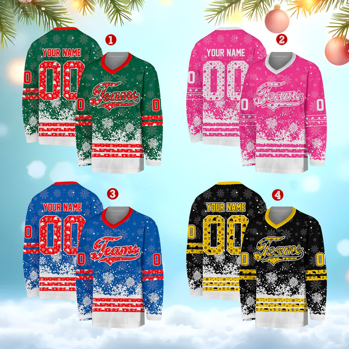 Multicolor holiday hockey jersey, front view