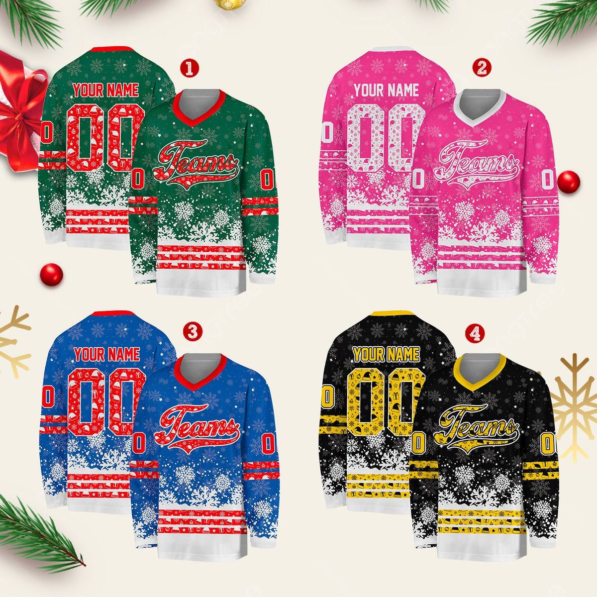 Multicolor christmas holiday hockey jersey, front view