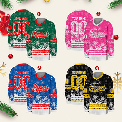 Multicolor christmas holiday hockey jersey, front view