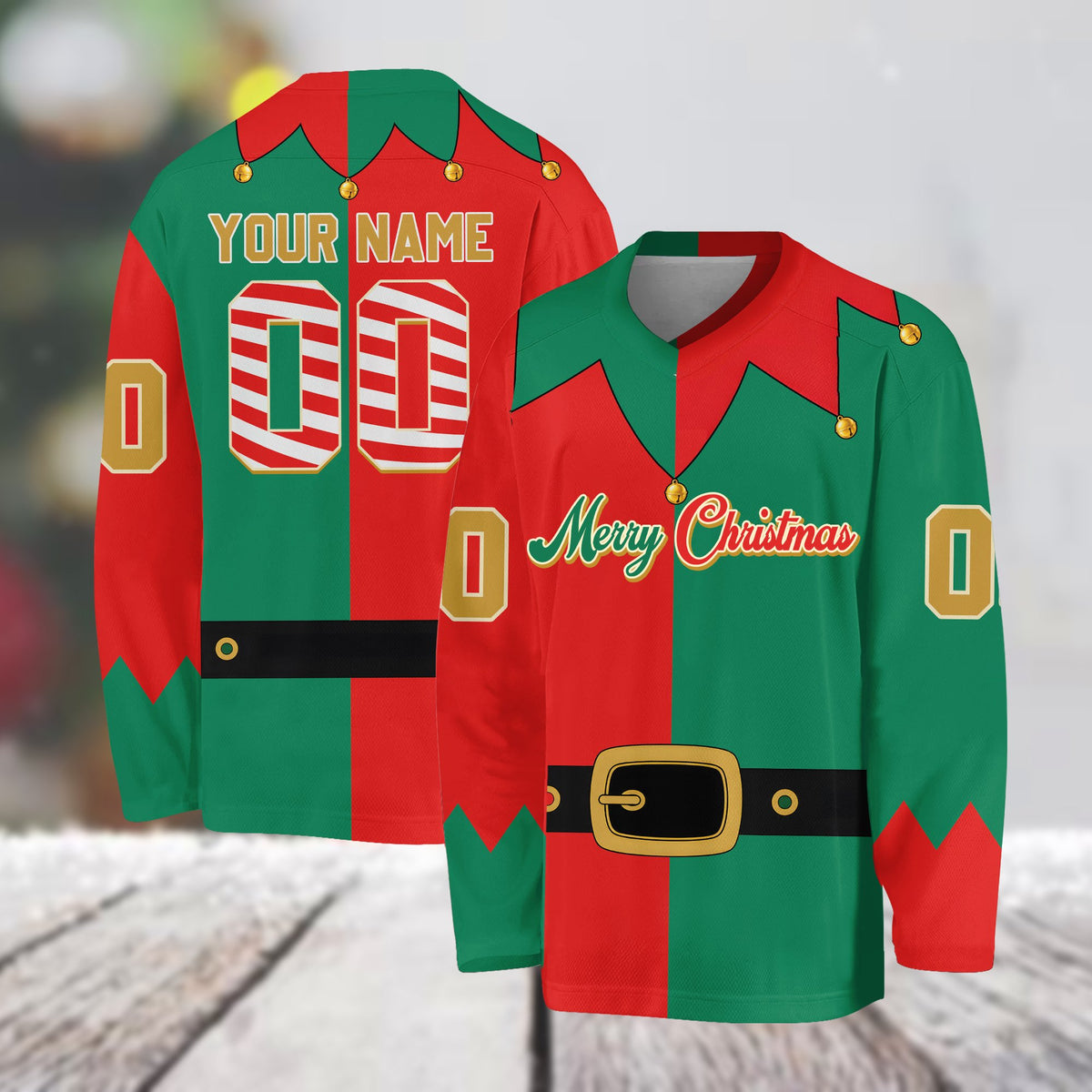 Personalized multicolor christmas elf hockey jersey with custom name and number, main view