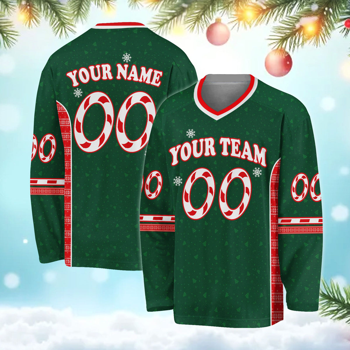 Front view of personalized multicolor christmas hockey jersey