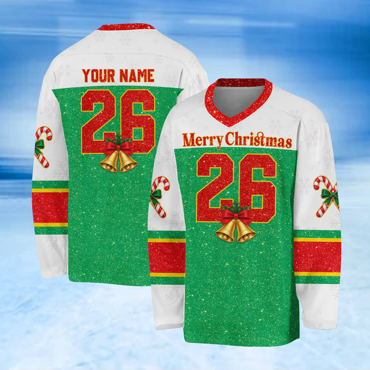 Close up front detail of red christmas hockey jersey