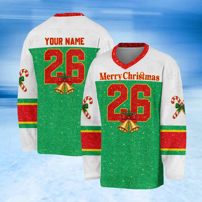 Close up front detail of red christmas hockey jersey