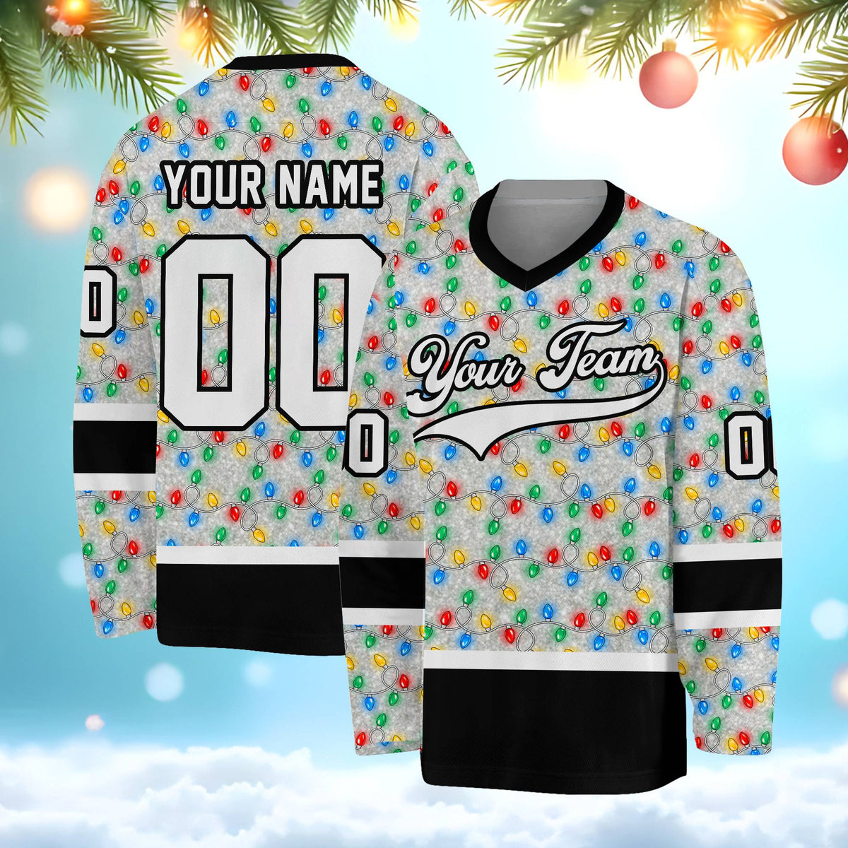 Multicolor personalized hockey jersey with Christmas lights design, front view