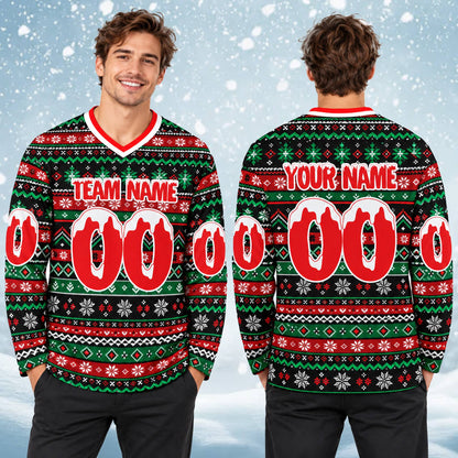 Front detail of custom name and number on holiday hockey jersey