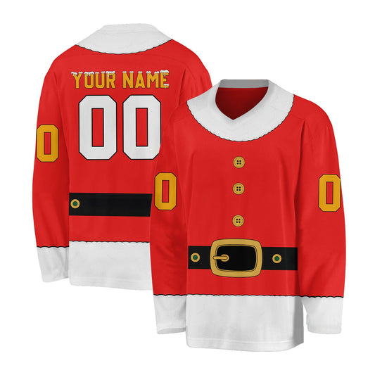 Personalized Christmas hockey jersey in red and green featuring elf and Santa designs with custom name and number, main view