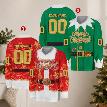 Two people wearing festive custom hockey jerseys in Santa and Elf designs