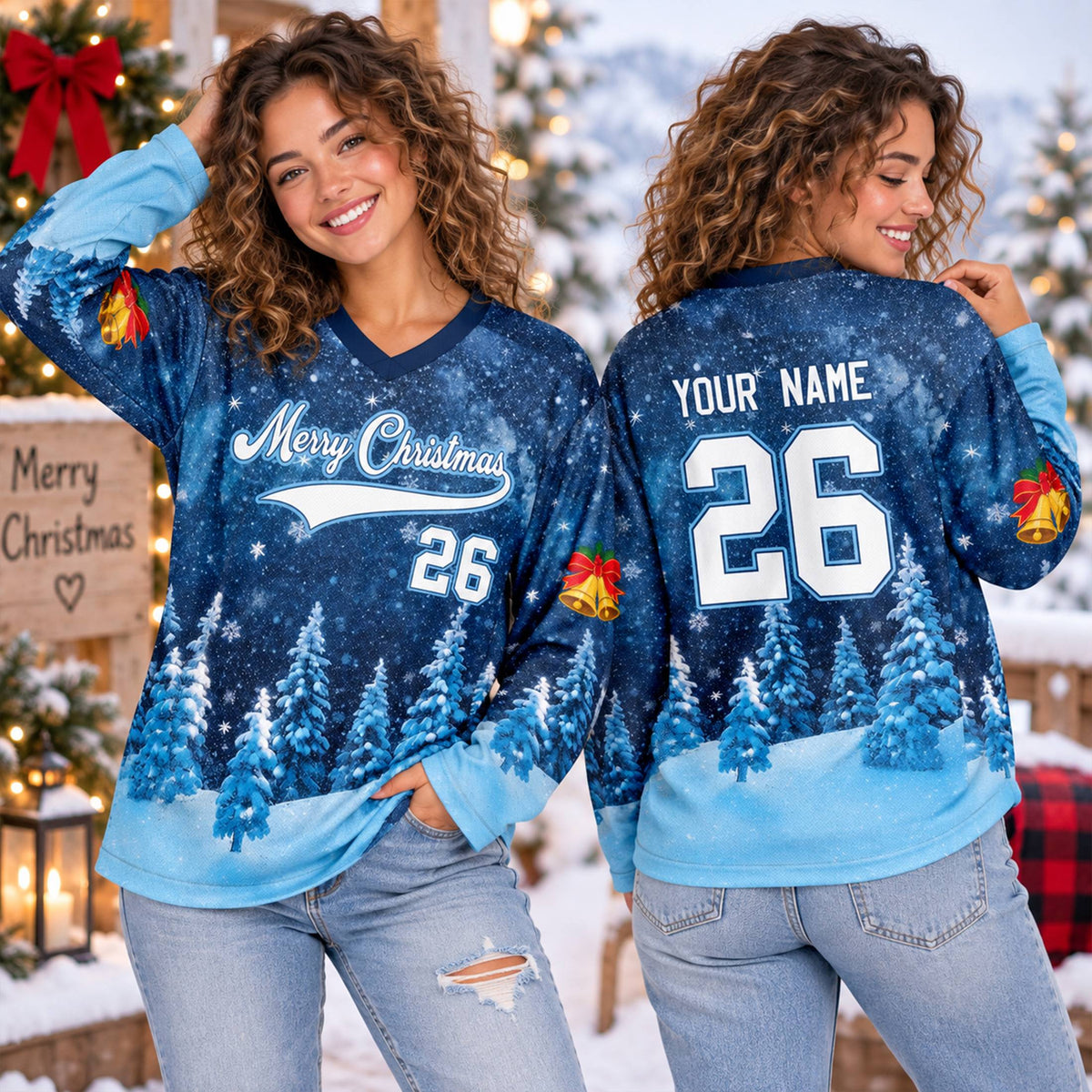 Lifestyle view of the personalized Christmas hockey jersey in a holiday setting
