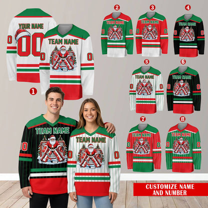 Lifestyle view of the personalized christmas hockey jersey being worn