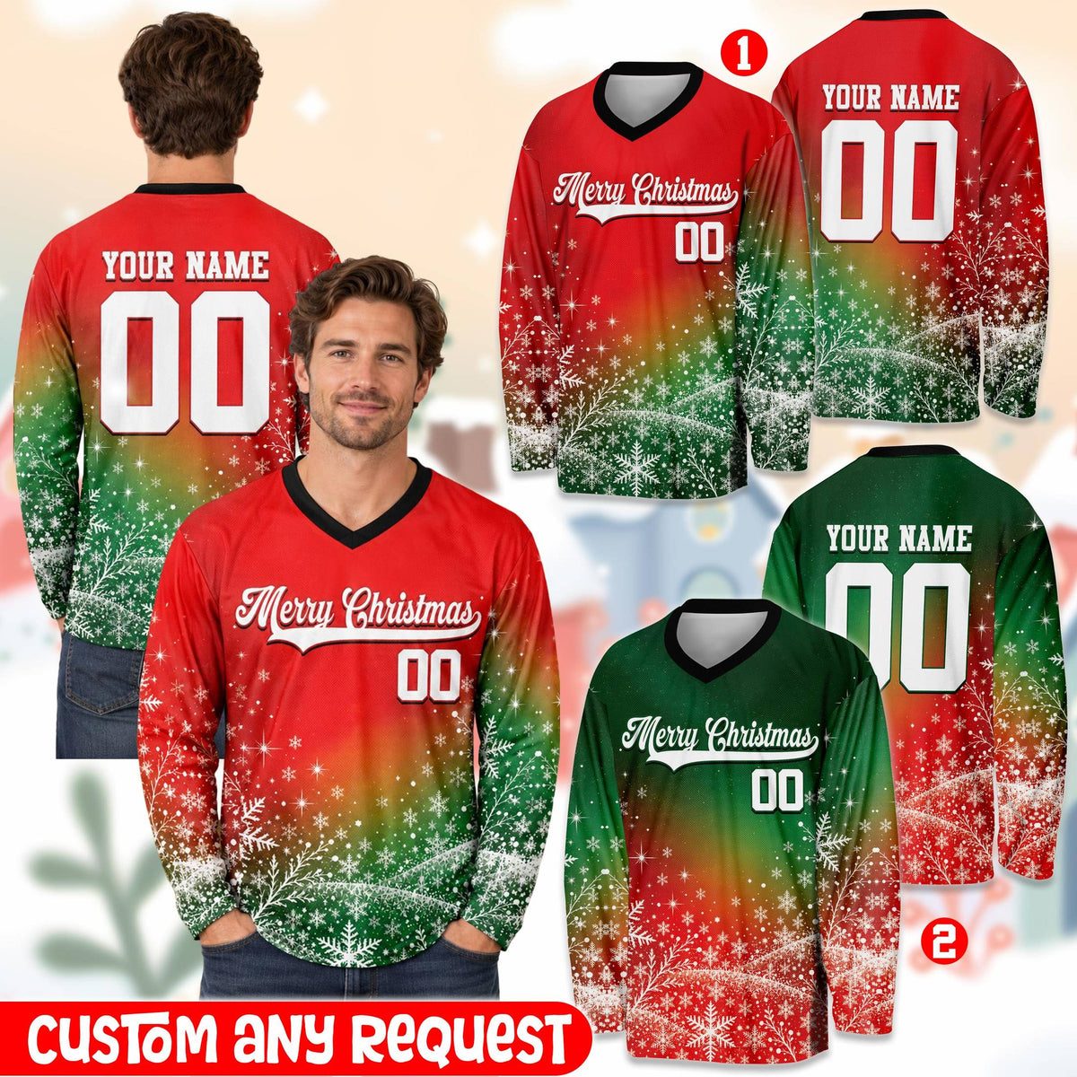 Alternative view of the festive holiday custom hockey jersey