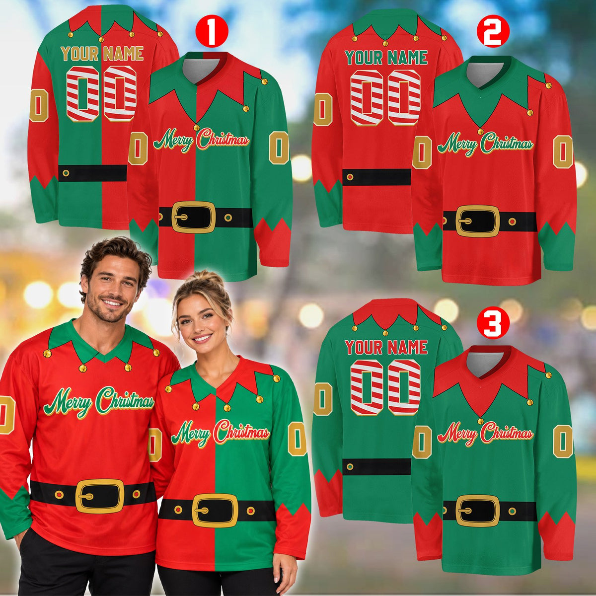 Personalized multicolor christmas elf hockey jersey with custom name and number, lifestyle alternate view