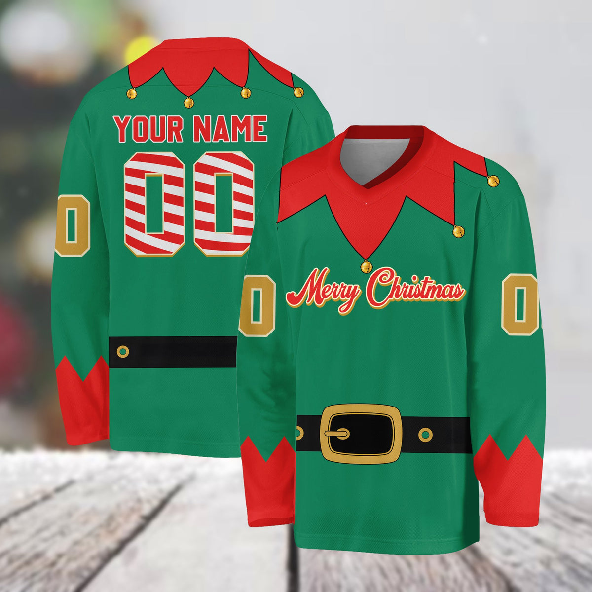 Personalized multicolor christmas elf hockey jersey with custom name and number, lifestyle view