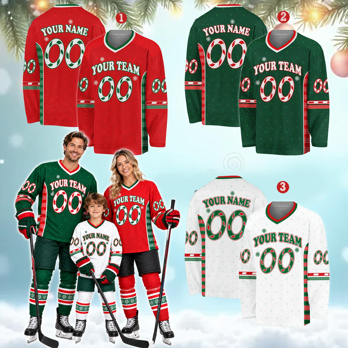 Detailed pattern view of the ugly christmas hockey jersey