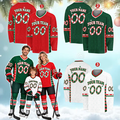 Detailed pattern view of the ugly christmas hockey jersey