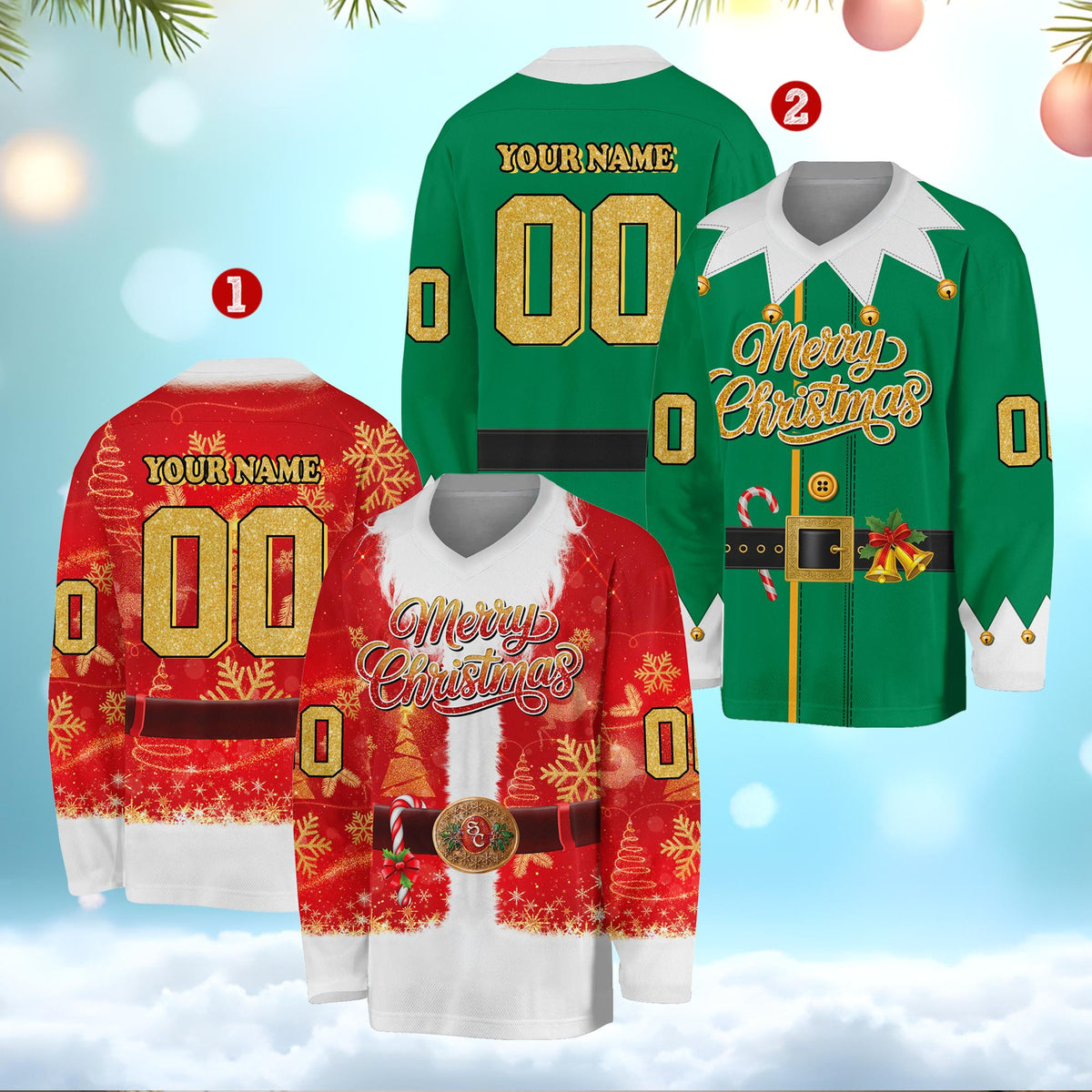 Details of the personalized Christmas hockey jerseys showing Santa and Elf designs together
